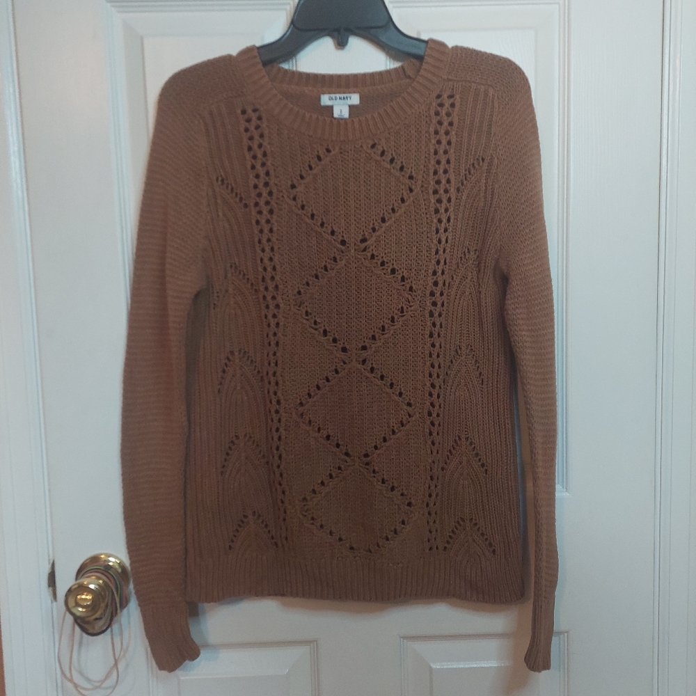 Old Navy Brown Open Knit Textured Diamond Pattern Crewneck Sweater Size M